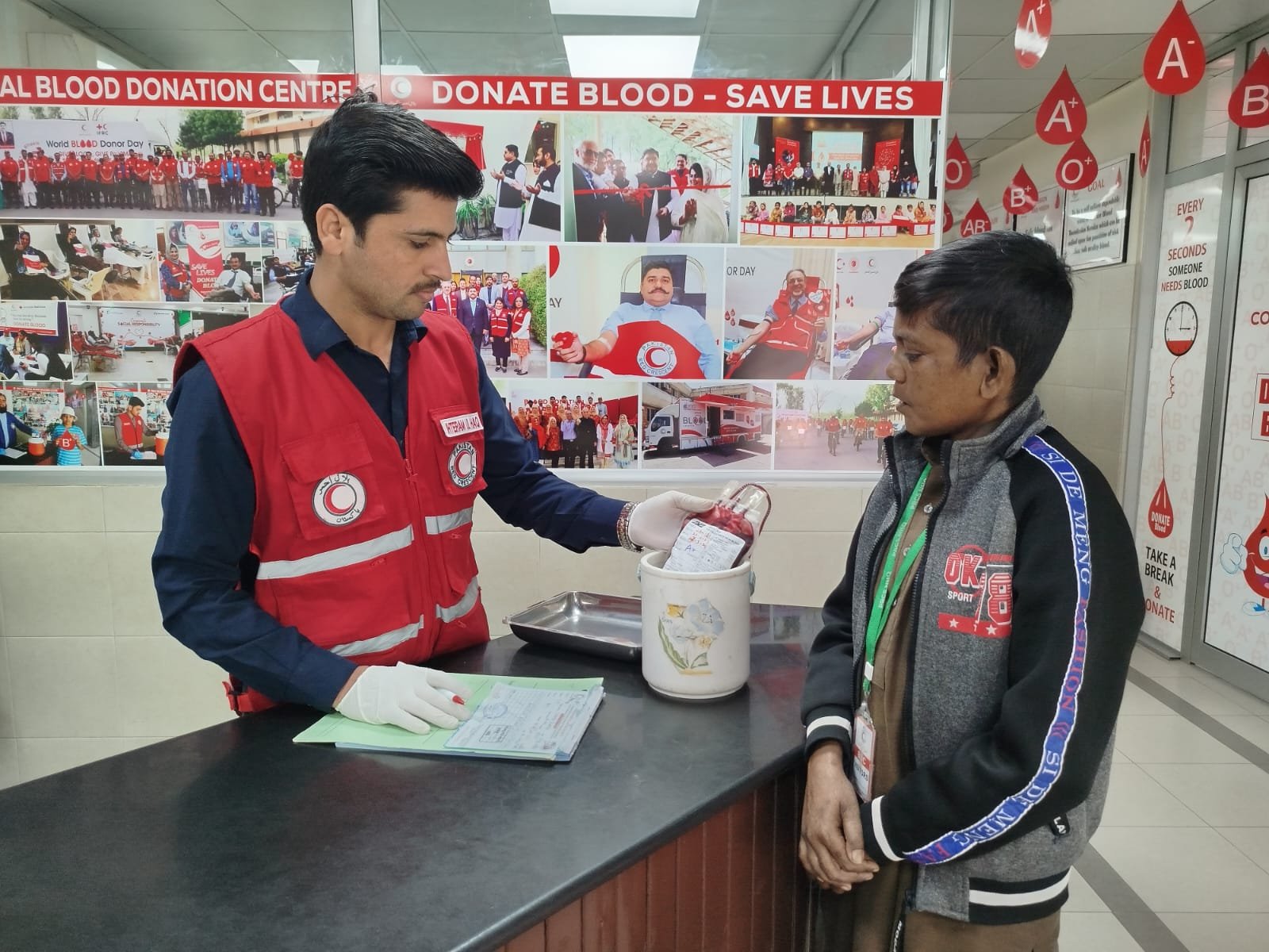 Shakir Basheer a 14 year old Thalassemia patient receives blood for his transfusion